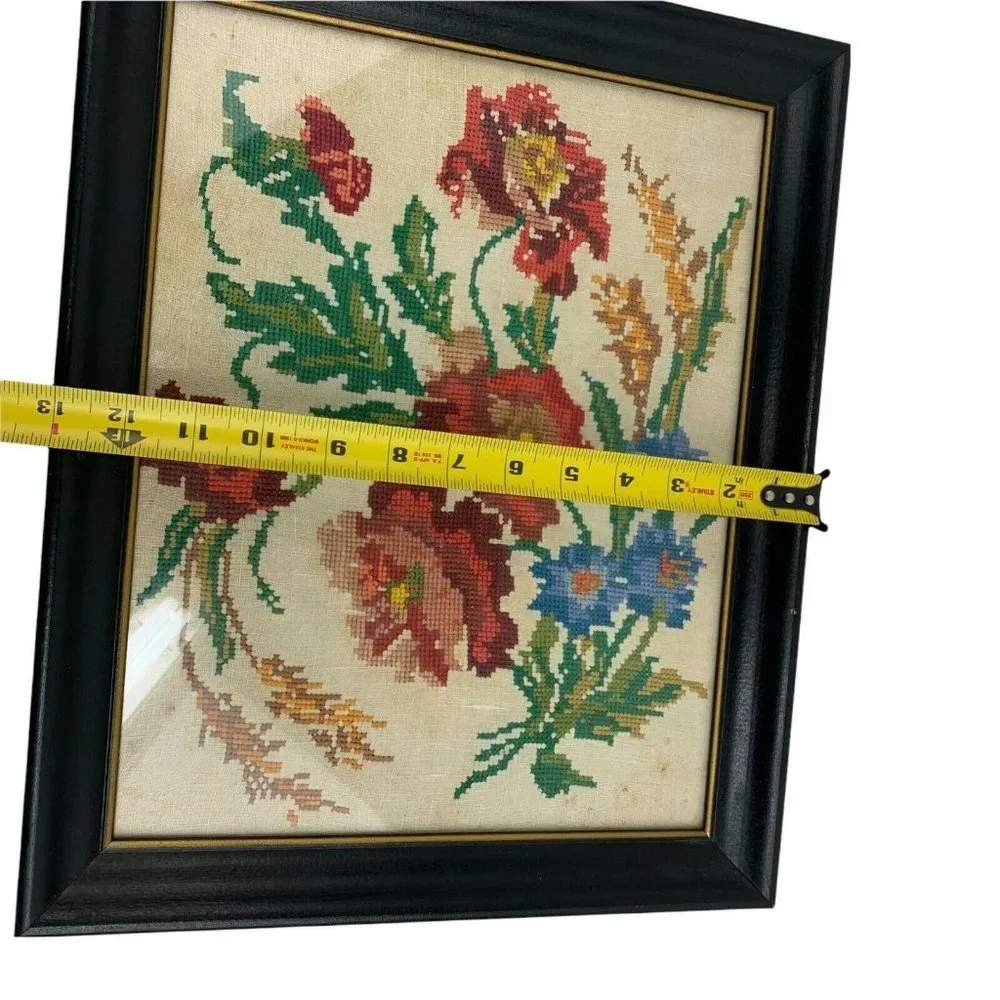Vintage Framed Finished‎ Needlework Wall Hanging Picture Floral Cottagecore 1964